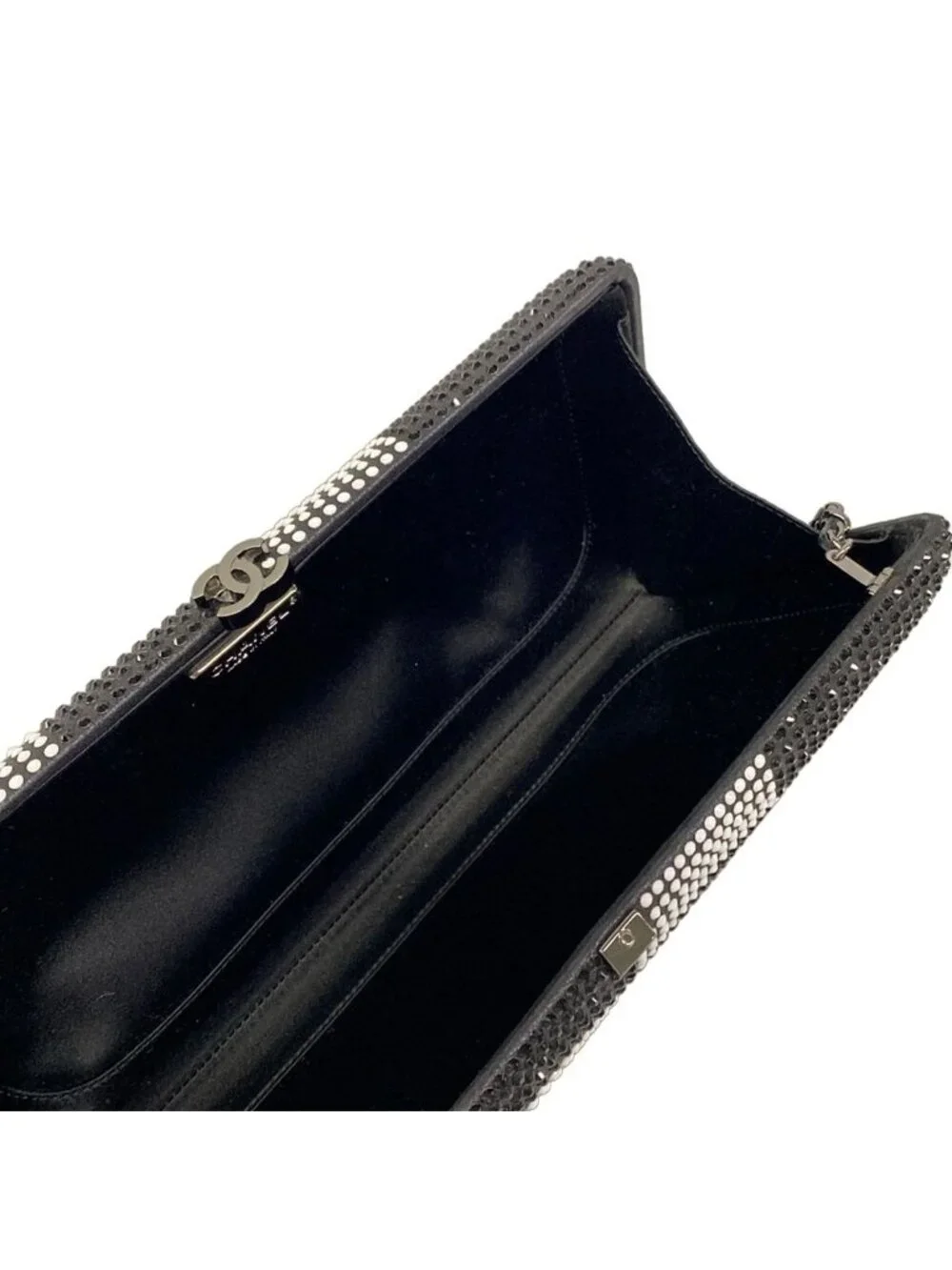 Chanel Shoulder Bag Black White Chain Silver Kiss Lock Strass CC Minadiere